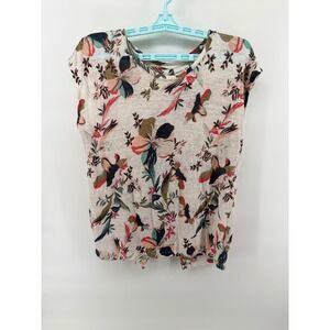 Rachel Zoe Womens Medium 100% Linen Floral Button Back Cap Sleeve Top Summer